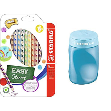 Ergonomischer Buntstift für Linkshänder - STABILO EASYcolors - 12er Pack mit Spitzer - mit 12 verschiedenen Farben & ischer Dosen-Spitzer für Linkshänder - STABILO EASYsharpener - 3 in 1 - blau im Sale